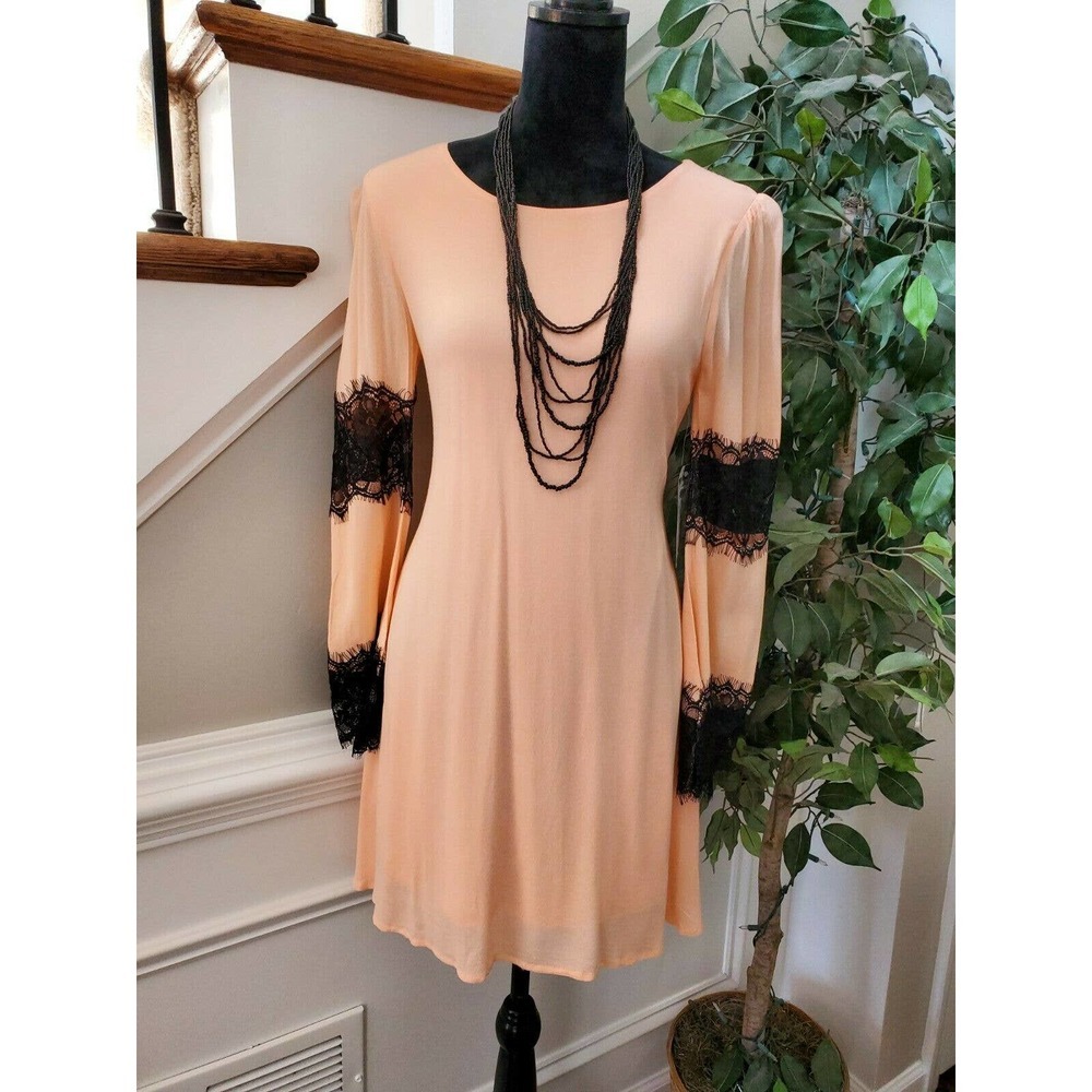 Love Fast Live Hard Women Peach Rayon Long Sleeve Round Neck Knee Length Dress S